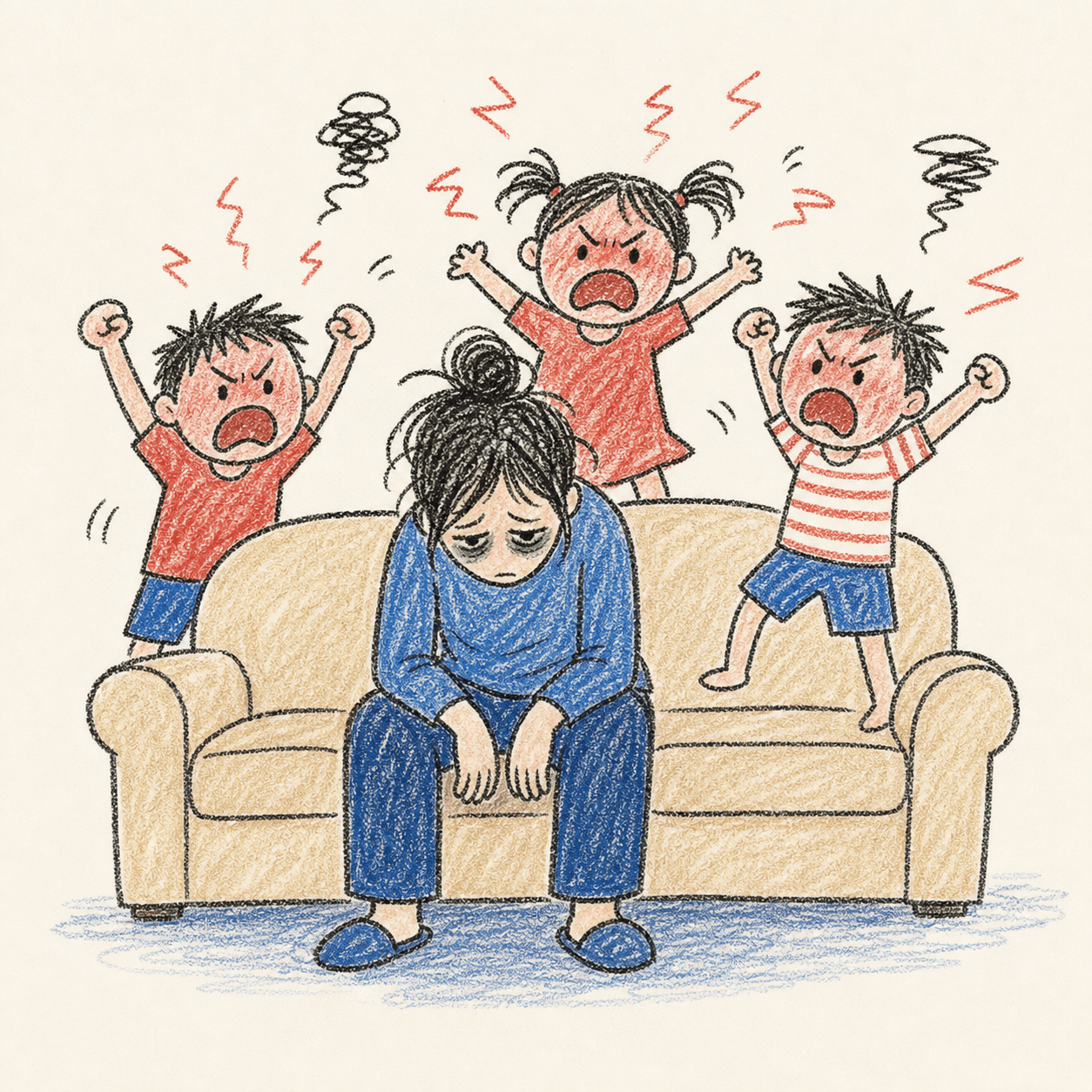 Parent épuisé avec cernes, irritabilité et enfants stressés