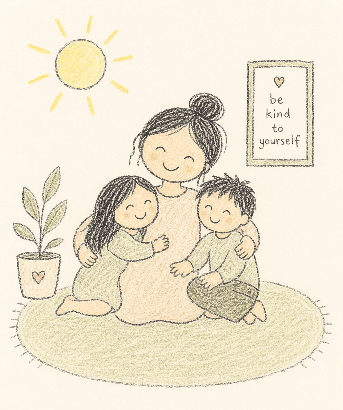 Parent calme et souriant avec ses enfants, sommeil réparateur