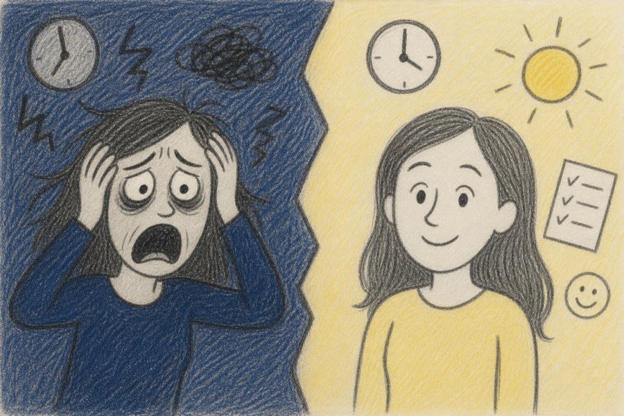 Avant/après : parent irritable à cause du sommeil vs parent calme après avoir retrouvé un bon sommeil