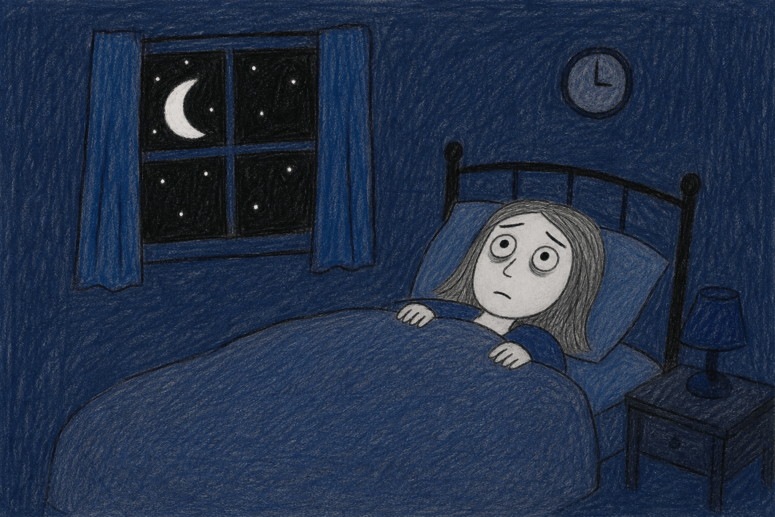 Femme allongée dans son lit la nuit, les yeux ouverts, en insomnie.