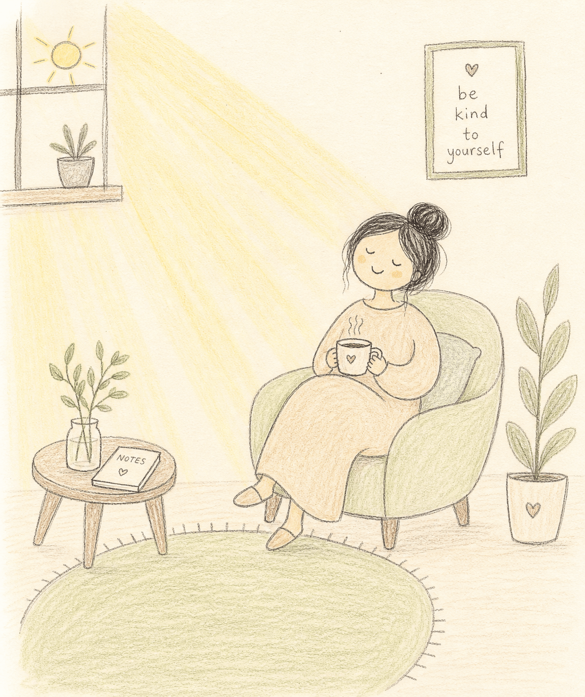 Femme calme, assise seule avec un carnet, dans un moment de repos et de retour à soi.