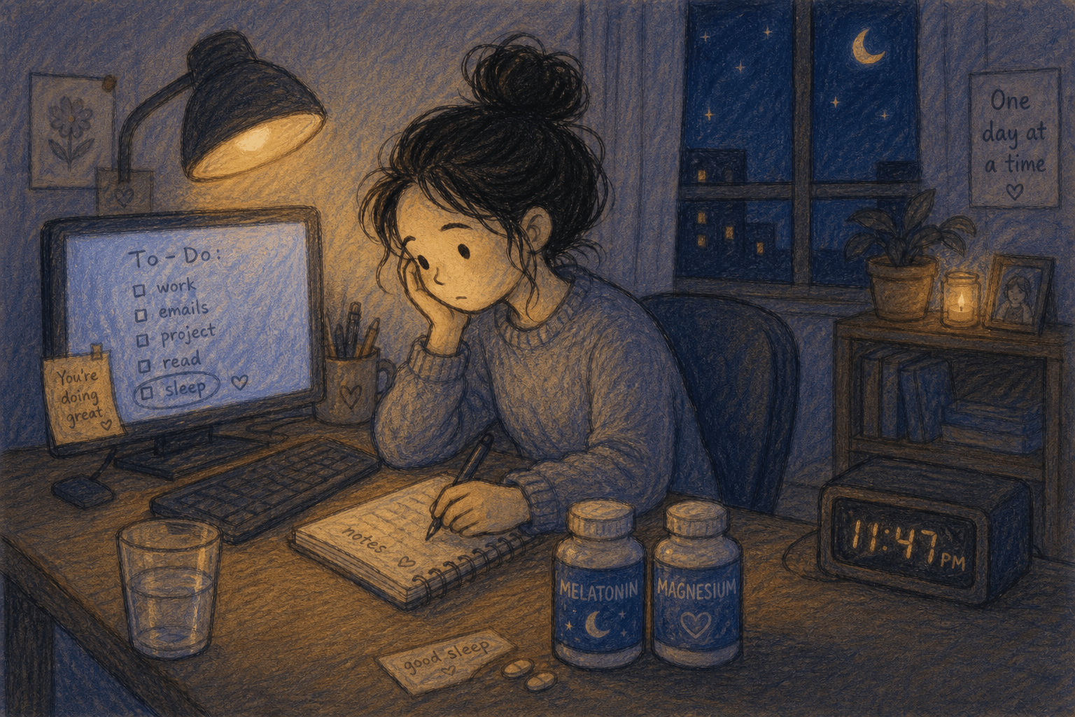 Bureau tard soir ordinateur compléments sommeil mélatonine magnésium fatigue notte
