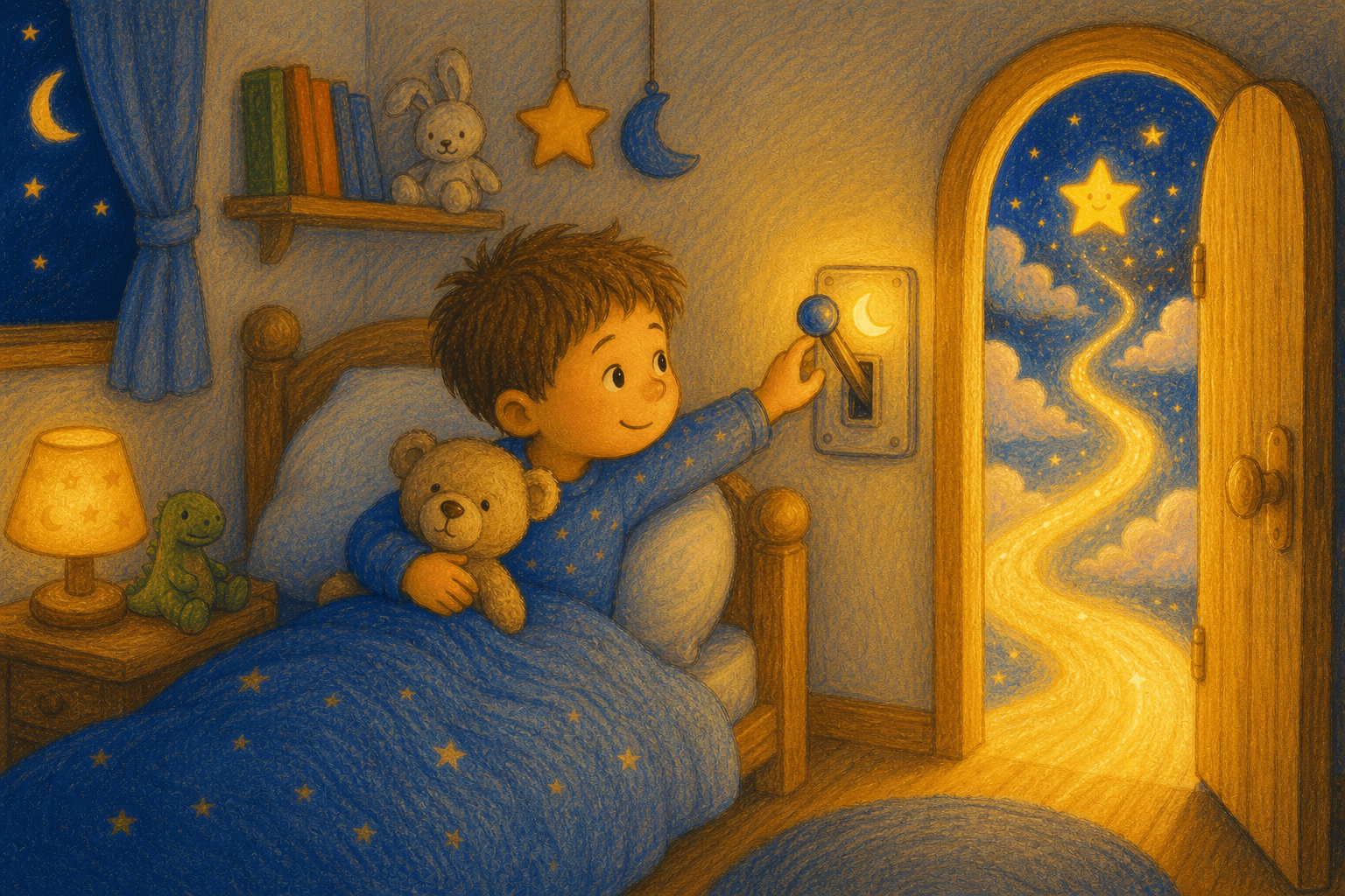 Enfant au lit appuyant sur un bouton à dodo pour s’endormir