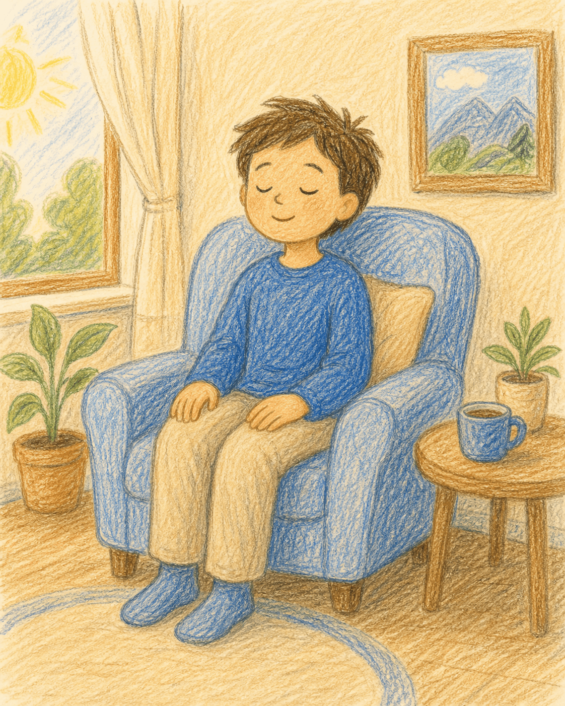 Dessin d'enfant d'une personne assise les yeux fermés en état de calme et de détente, mains sur les genoux