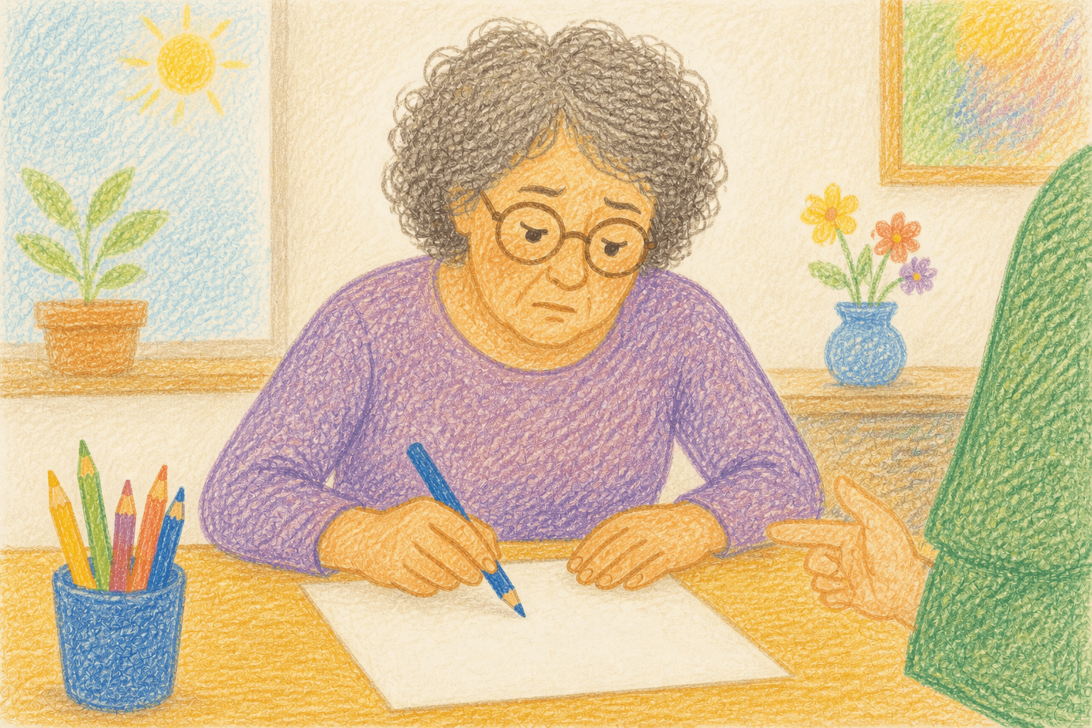 Femme de 63 ans en cours de dessin, concentrée et légèrement tendue