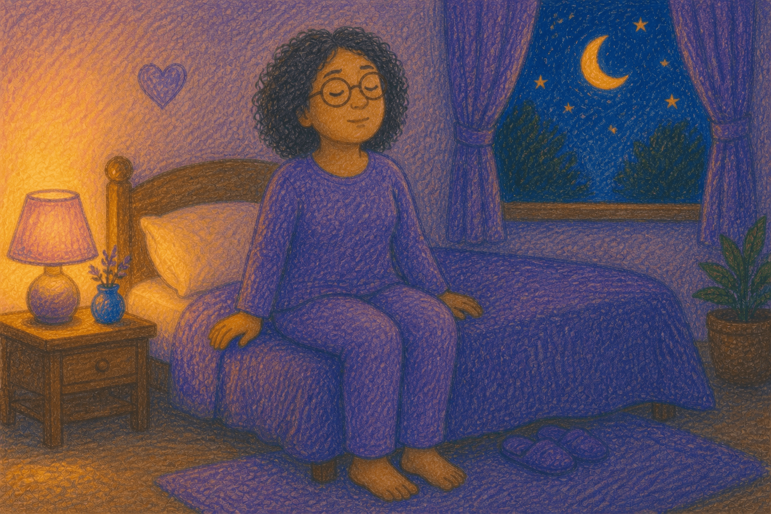Femme au bord du lit retrouvant le calme et le relâchement avant le sommeil