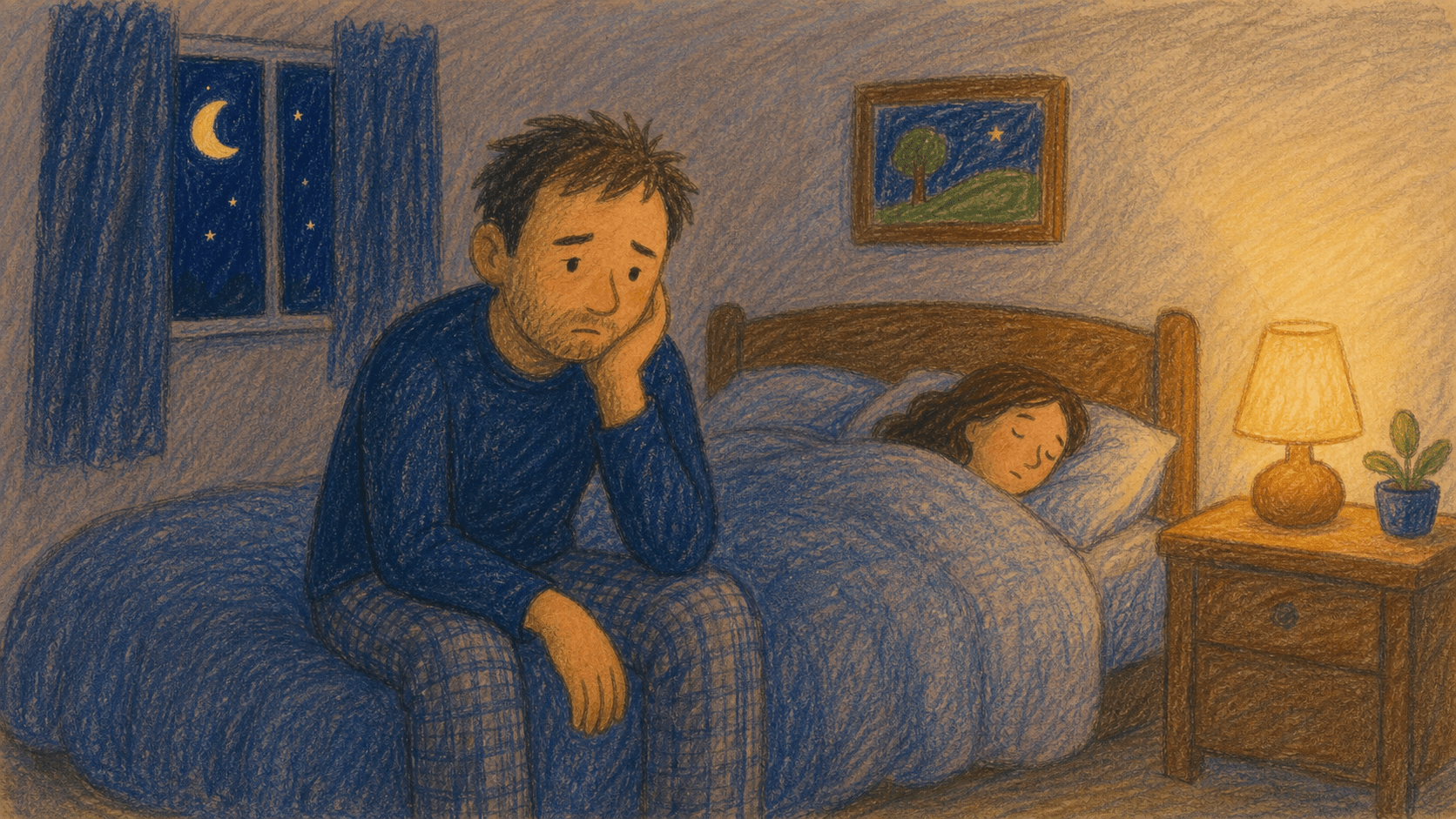 Victor assis au bord d’un lit double la nuit pendant que sa femme dort à côté de lui.
