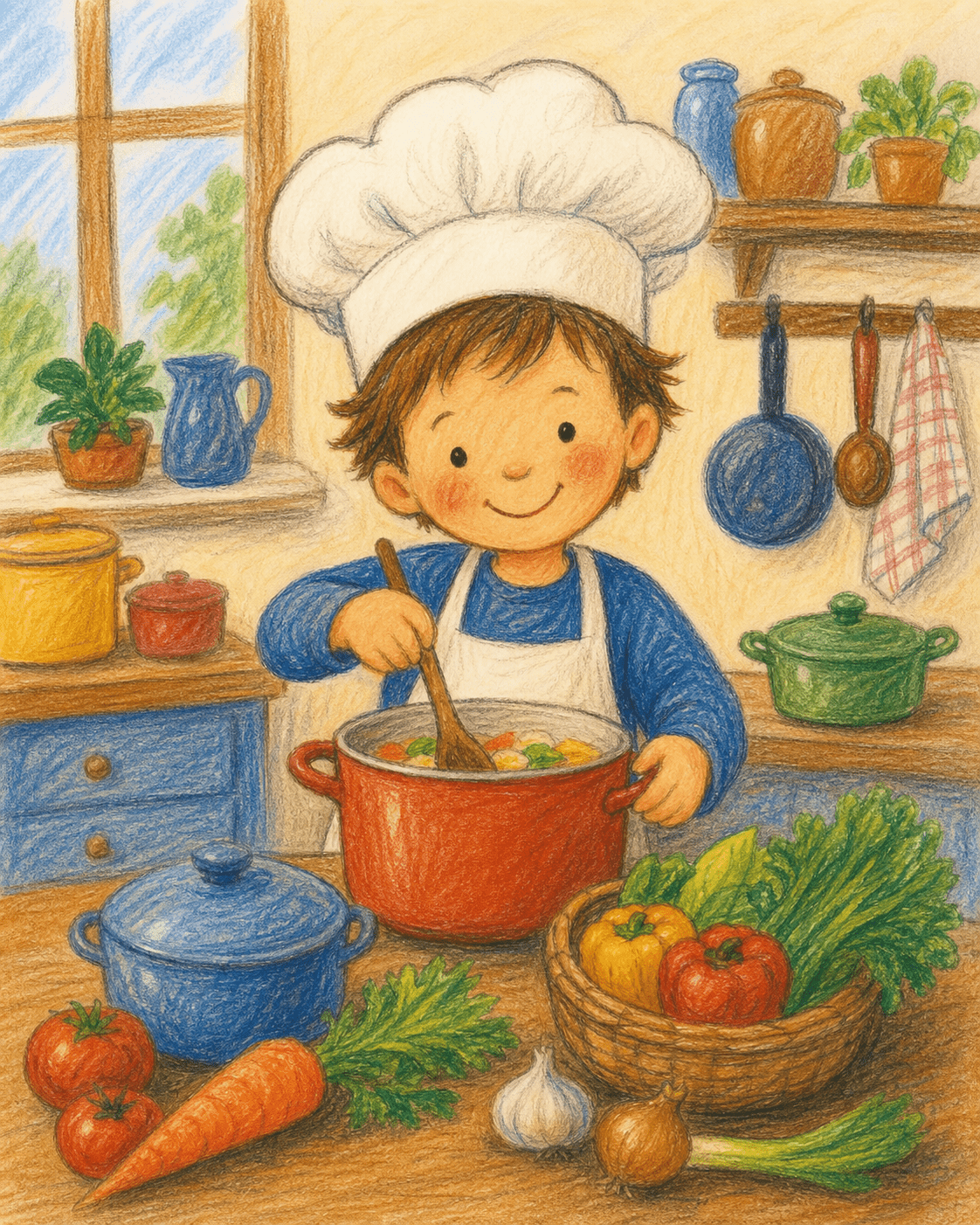 Un enfant portant une toque de chef dans une cuisine familiale joyeuse.