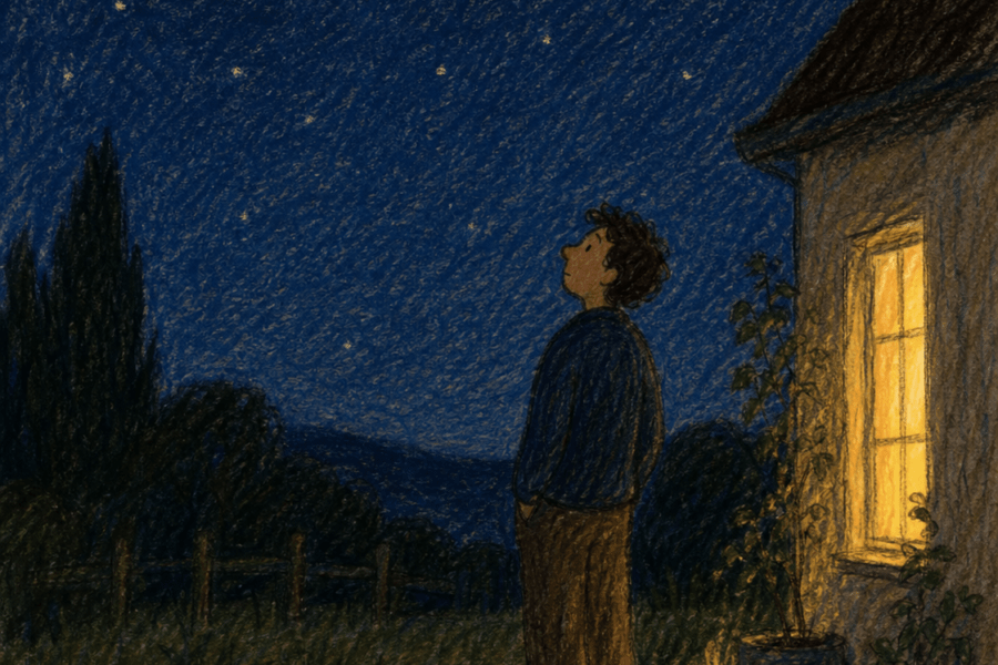 Une personne debout dehors la nuit qui regarde le ciel en réfléchissant.