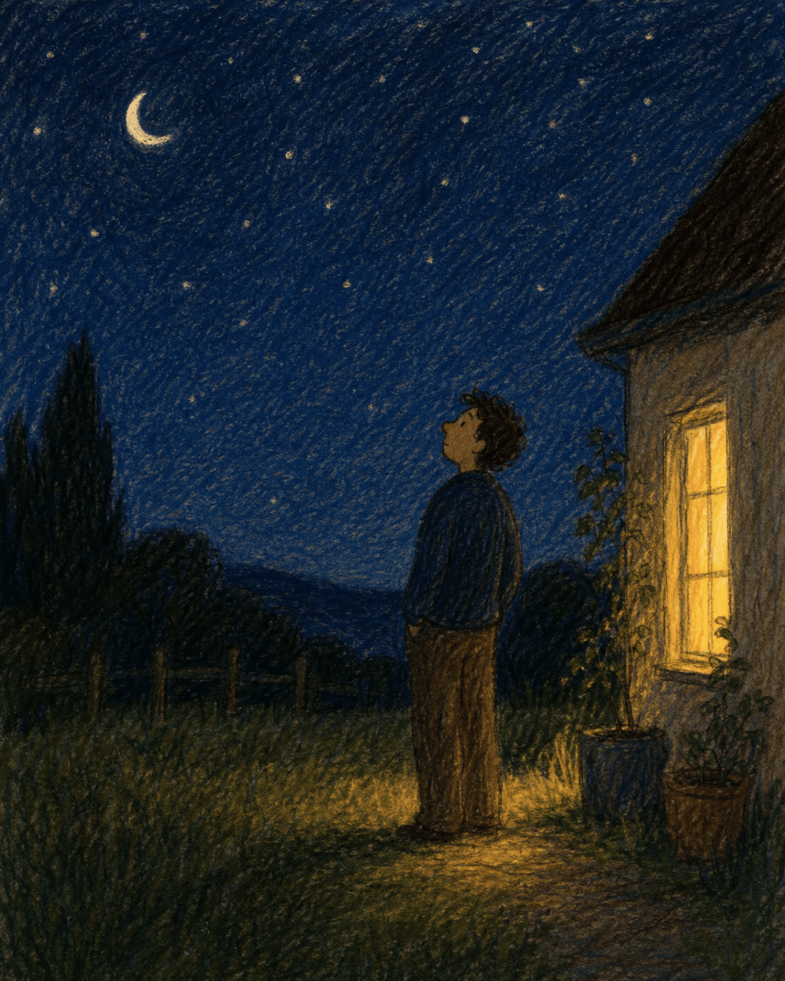 Une personne debout dehors la nuit qui regarde le ciel en réfléchissant.