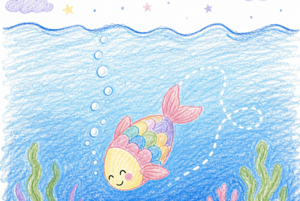 Illustration façon dessin d'enfant d'un poisson qui plonge dans une eau calme sous la lune, symbolisant la suggestion hypnotique utilisée pour approfondir le sommeil.