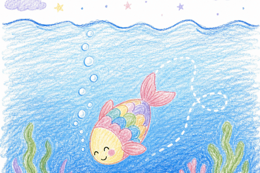 Illustration façon dessin d'enfant d'un poisson qui plonge dans une eau calme sous la lune, symbolisant la suggestion hypnotique utilisée pour approfondir le sommeil.