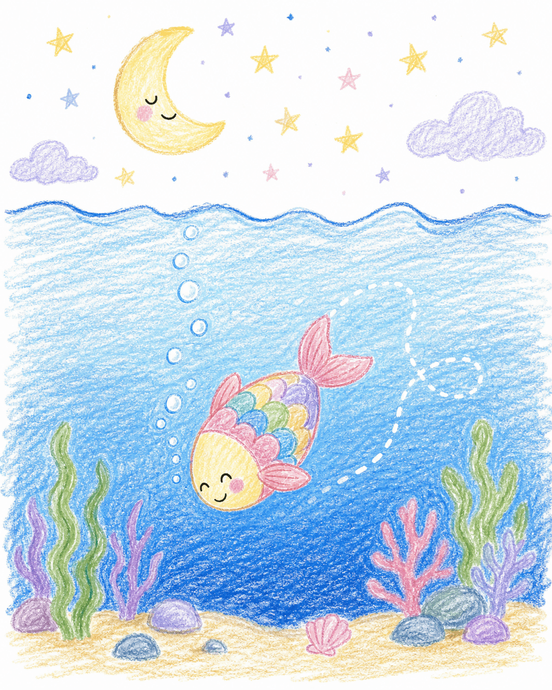 Illustration façon dessin d'enfant d'un poisson qui plonge dans une eau calme sous la lune, symbolisant la suggestion hypnotique utilisée pour approfondir le sommeil.